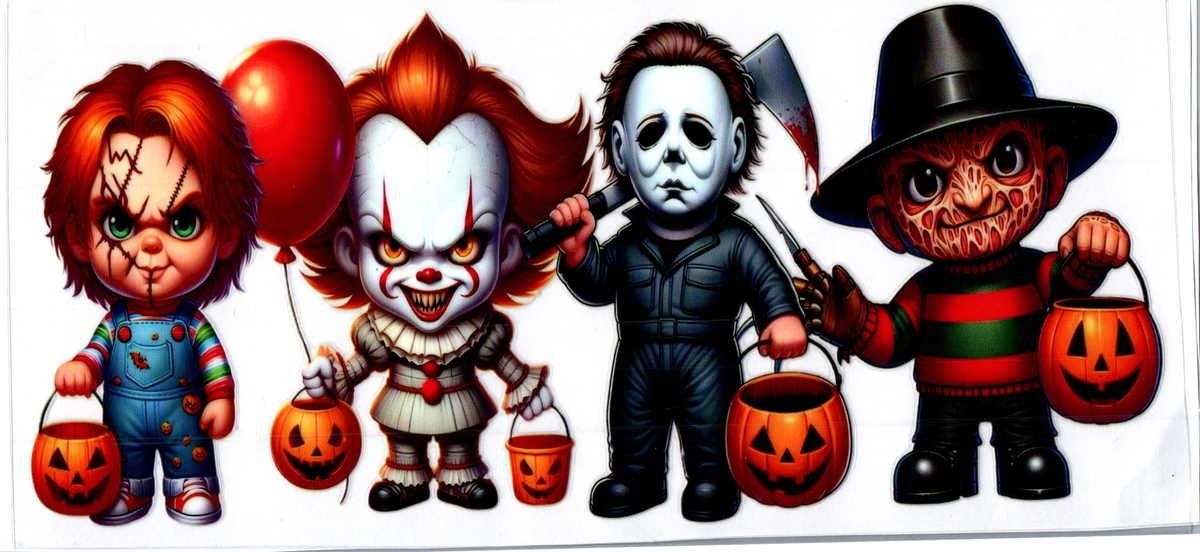 Toddler chucky Pennywise Mike Freddy ready to trick or treat Horror 74
