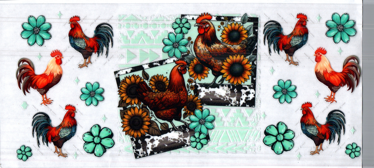 16 oz chickens sunflowers & teal flowers assorted 75