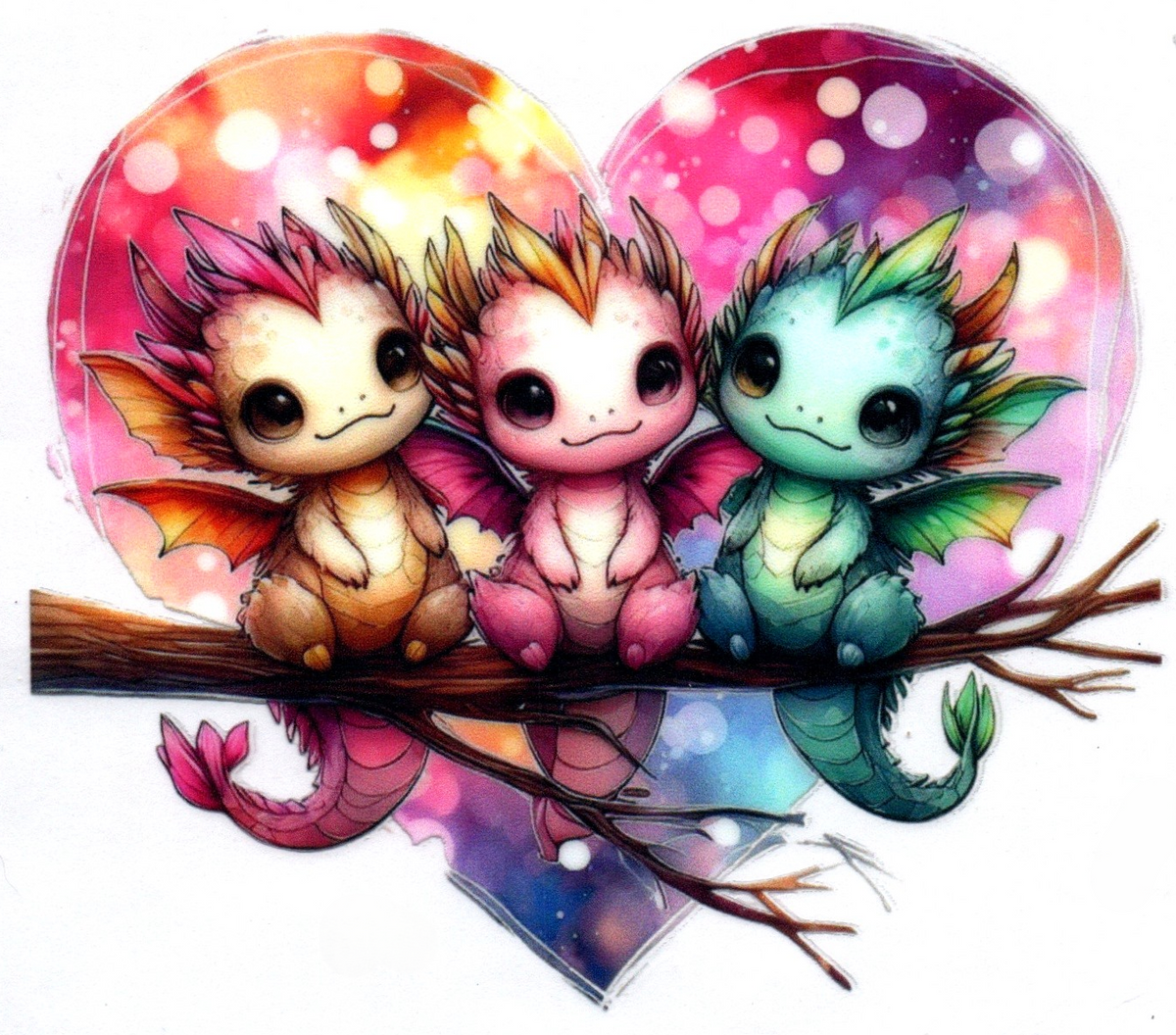 3 Baby Dragons on branch in heart Single Decal 8