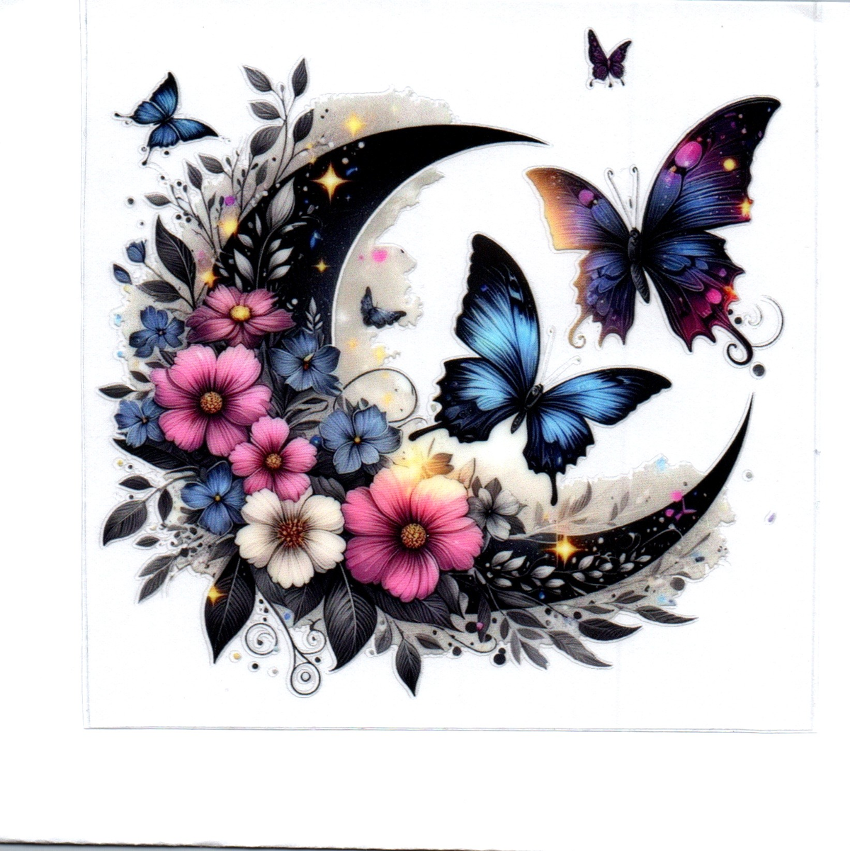 Black moon w/butterfly and pretty flowers Single Decal 93
