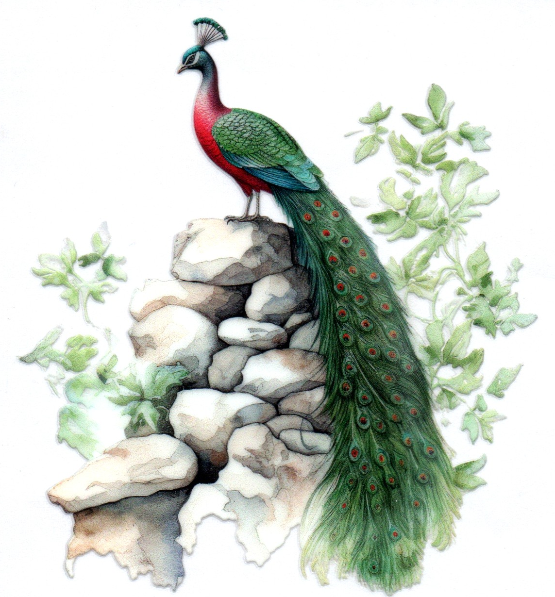 Peacock on rocks w/leaves 9 Single Decal