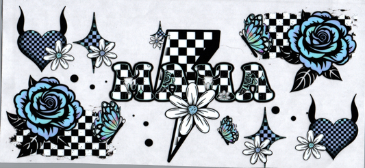 16oz Mama black and white checkered Blue rose