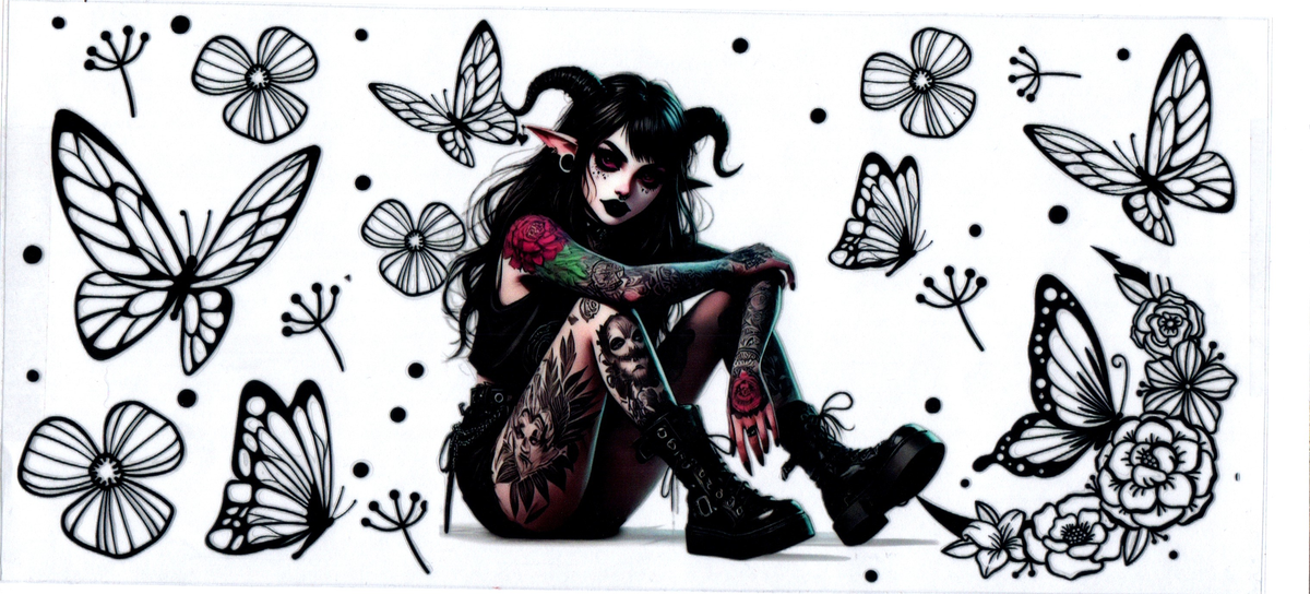 16oz horned tattooed girl black trimmed butterflies halloween 97
