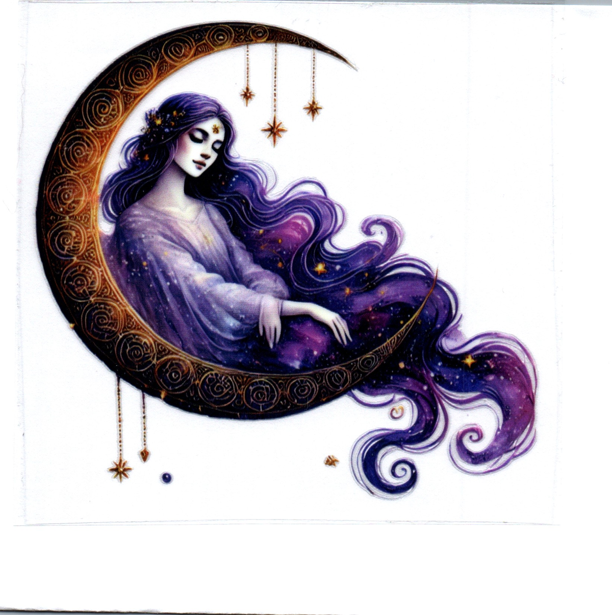 Purple woman laying on gold moon Single Decal 97