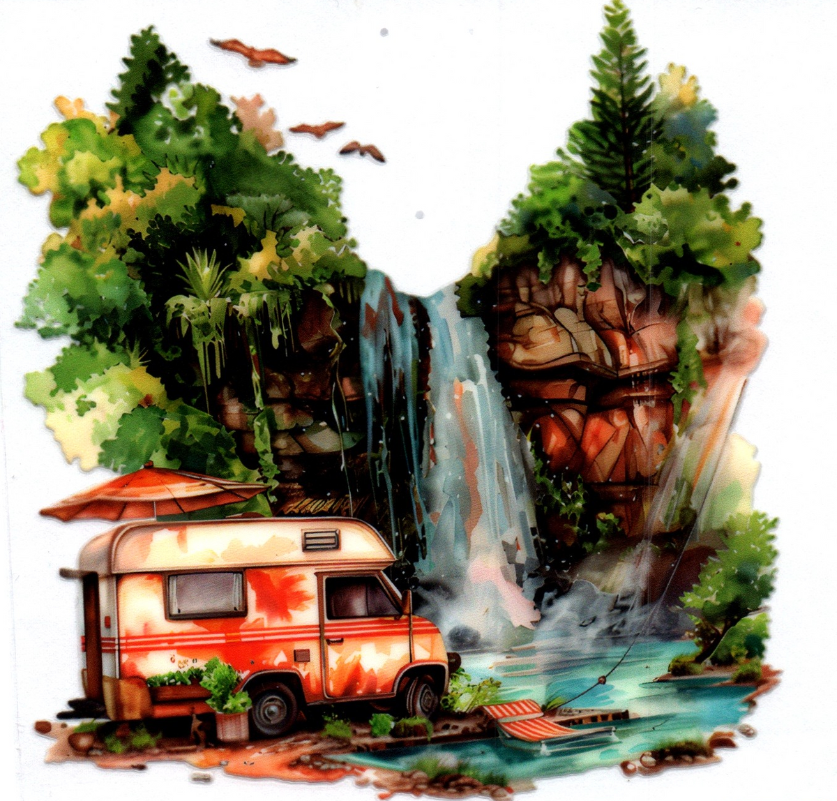 Camper by waterfall Misc. Single Decal 97