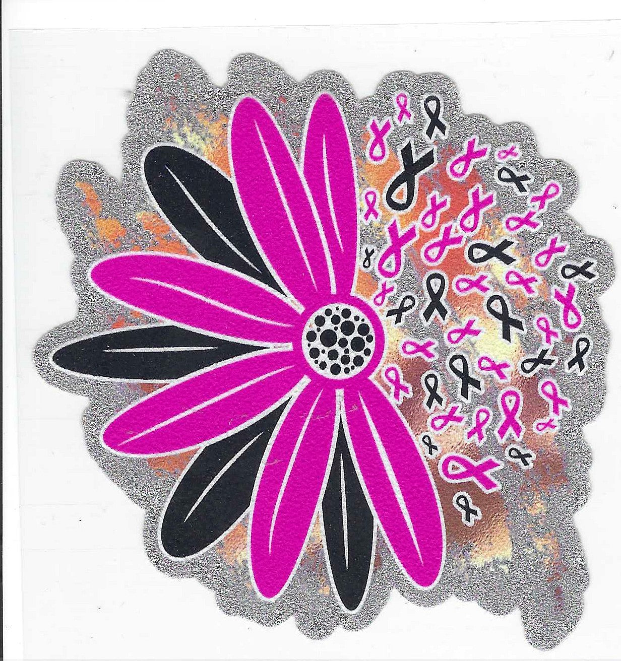 Pink/Black Flower and Breast Cancer Ribbon Glitter Decal
