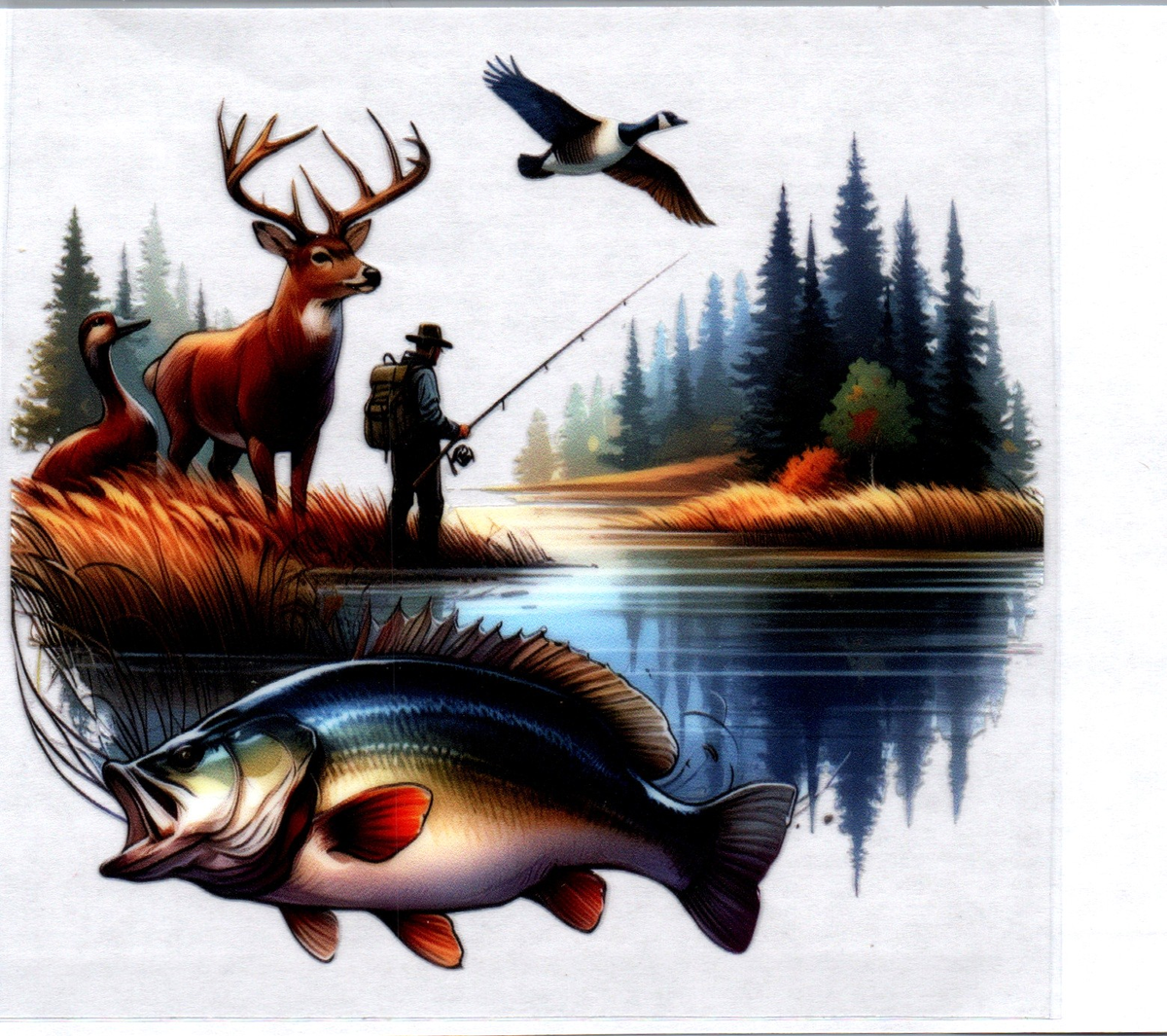 Man fishing w/deer, fish, ducks 11 Single Decal