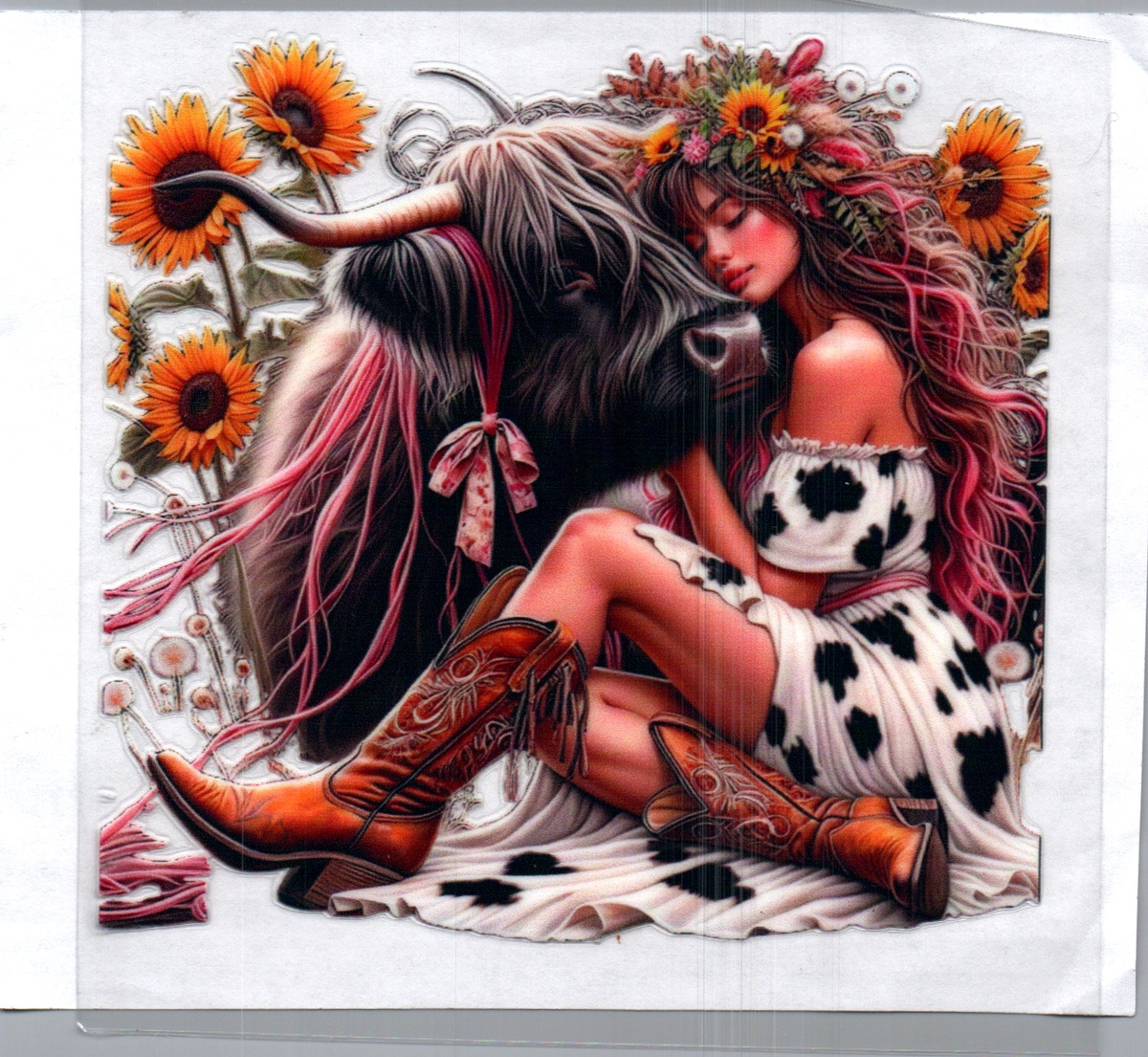 Pink hair girl w/Highland Cow Single Decal 119