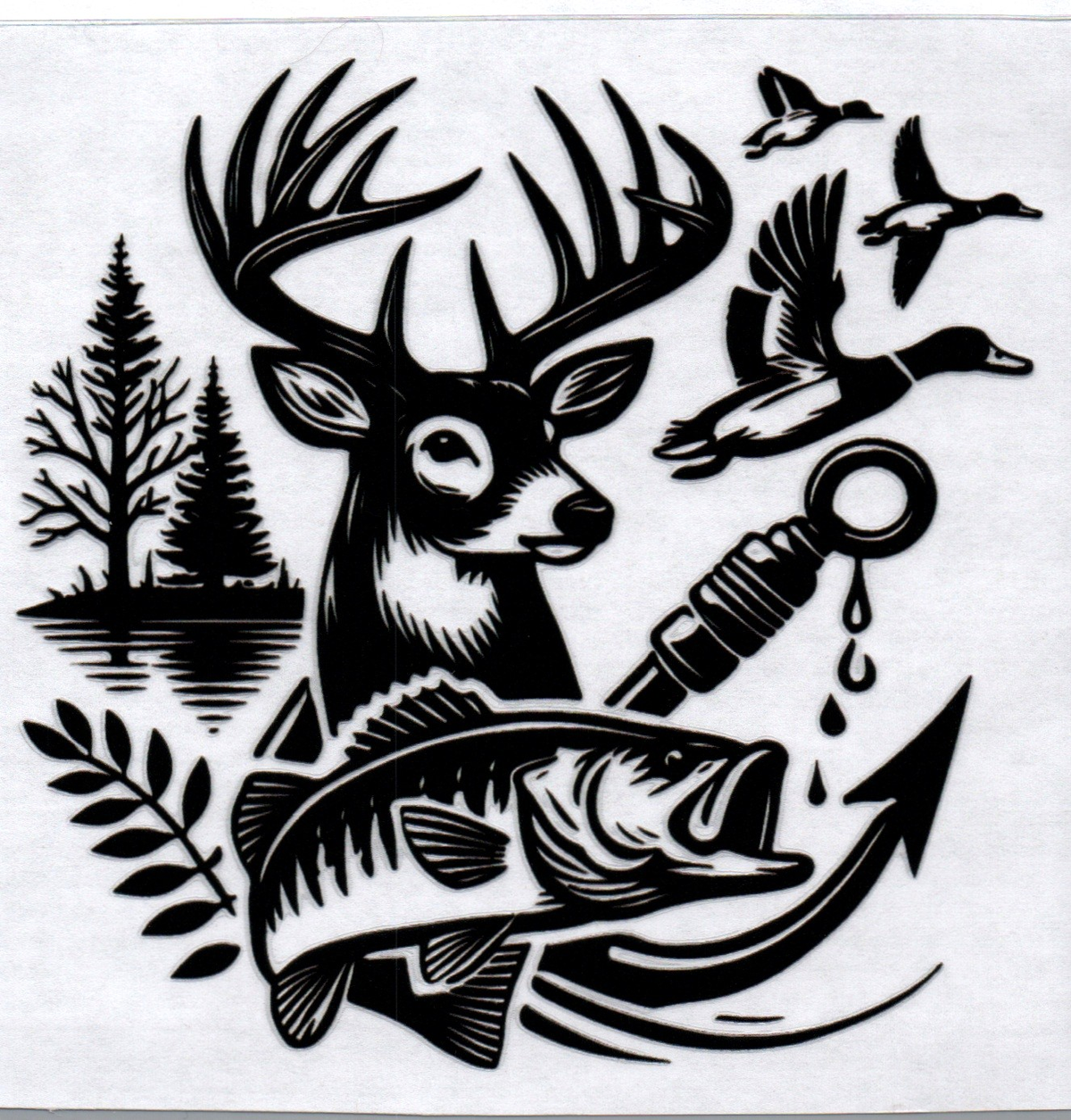 Black outline deer, fish, hook, ducks 16 Single Decal