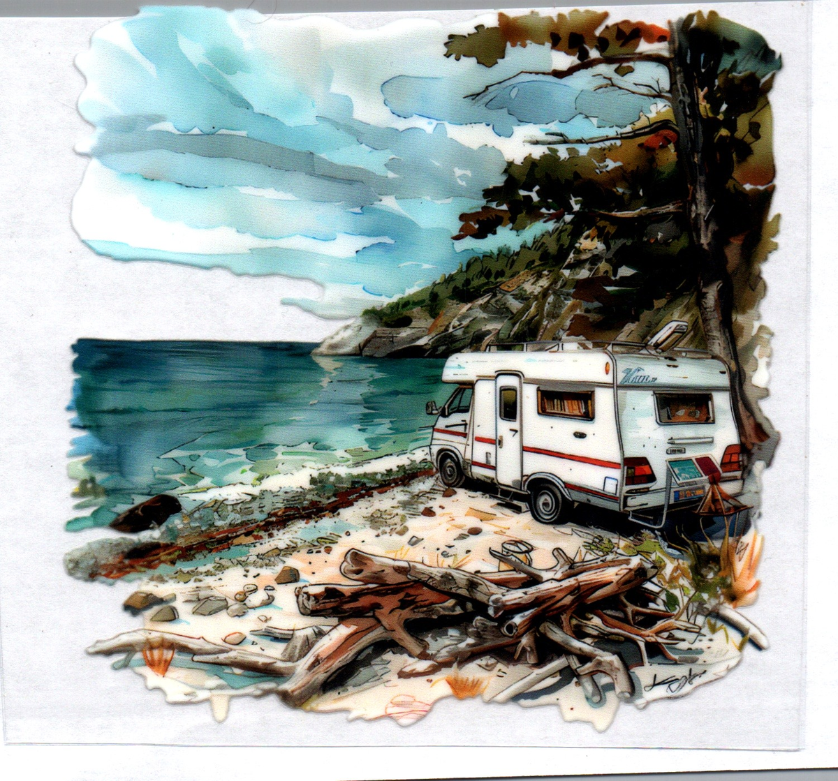 RV parked by lake 23 Single Decal