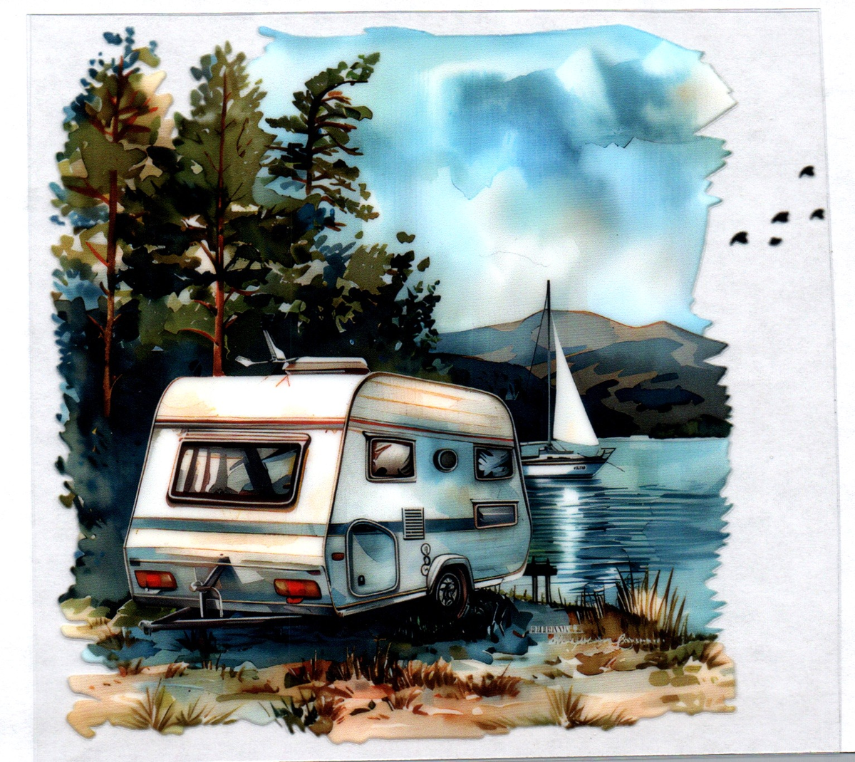Camper parked by lake w/boat 25 Single Decal