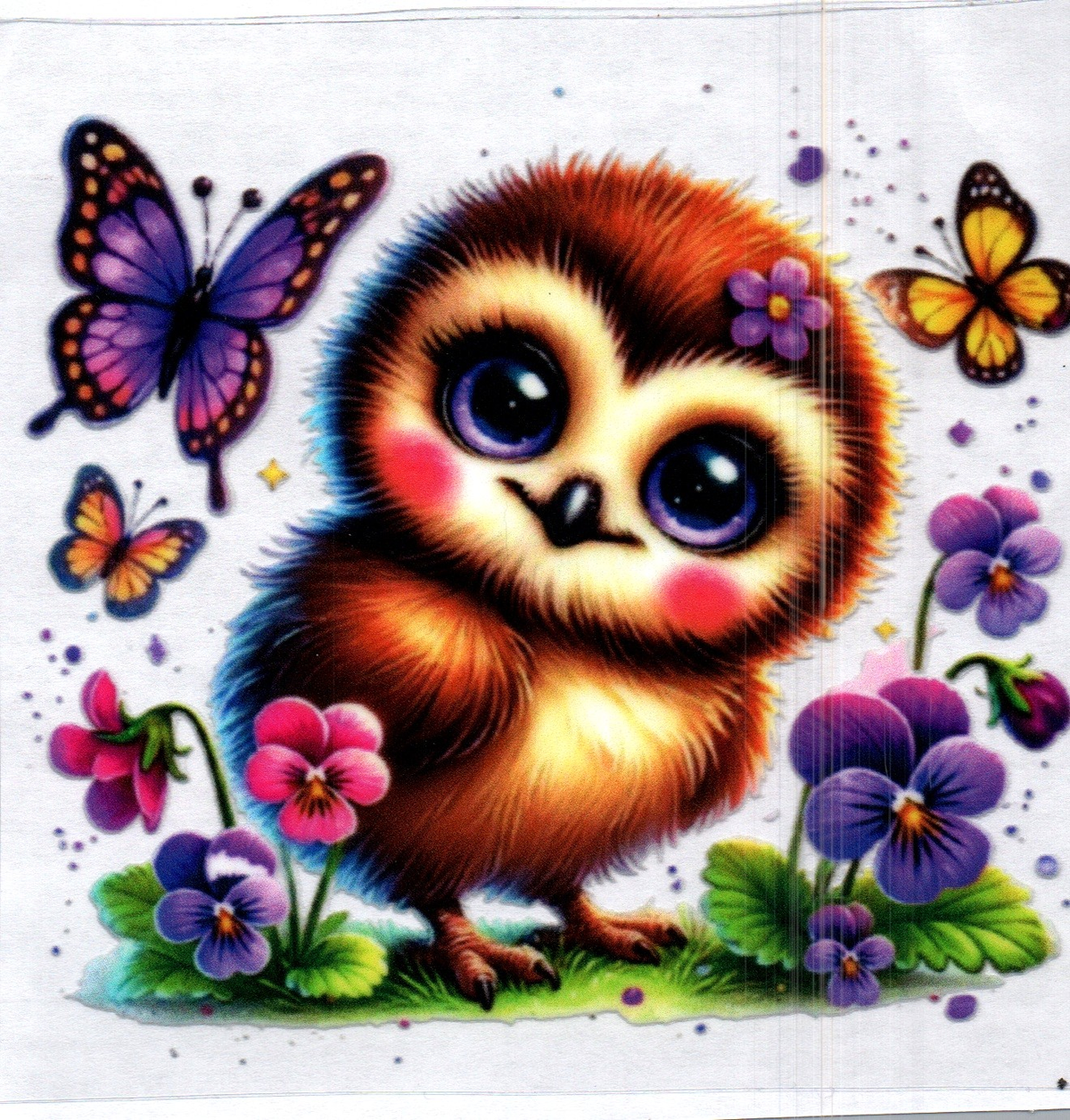 Baby Owl w/purple flowers and butterflies 94 Single Decal