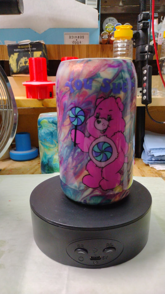 12 oz SWEAR BEAR "You Suck" Glass Cup w/ lid and straw