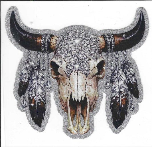 Cow Skull w/ Feathers Glitter Decal