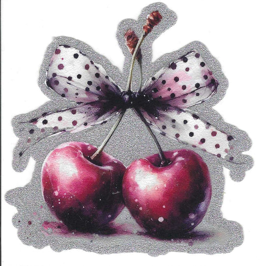 Cherries w/ Black & White Spotted Bow Glitter Decal