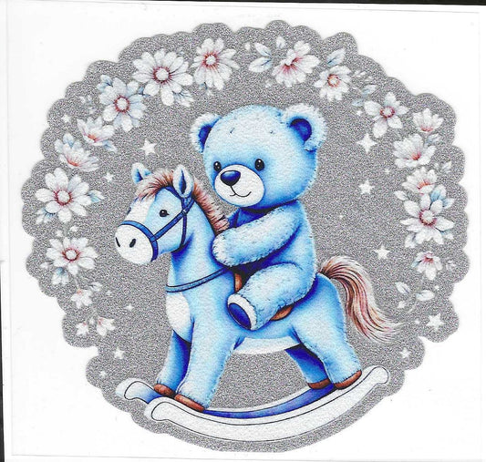 Blue Bear on Rocking Horse Glitter Decal