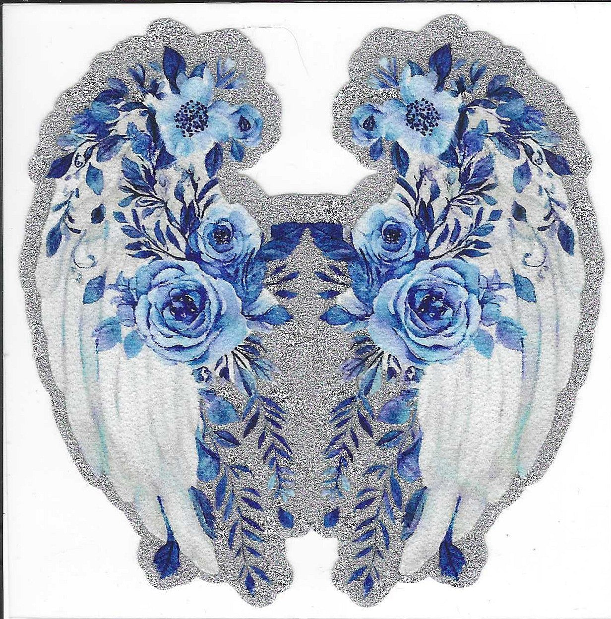 Angel Wings w/ Blue Flowers Glitter Decal