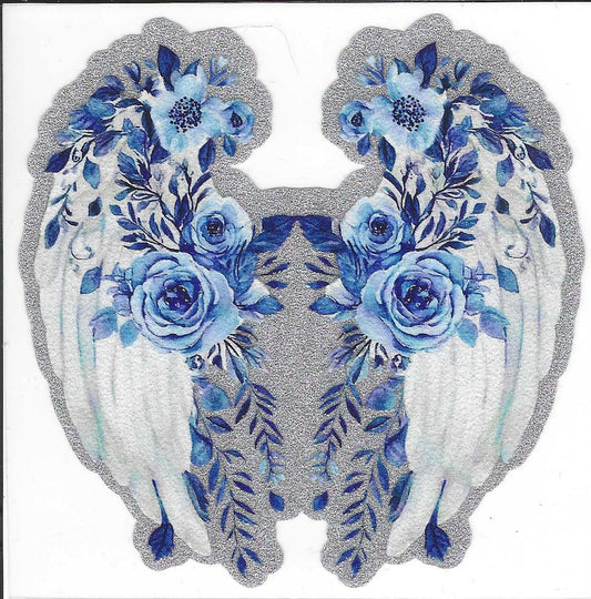 Angel Wings w/ Blue Flowers Glitter Decal