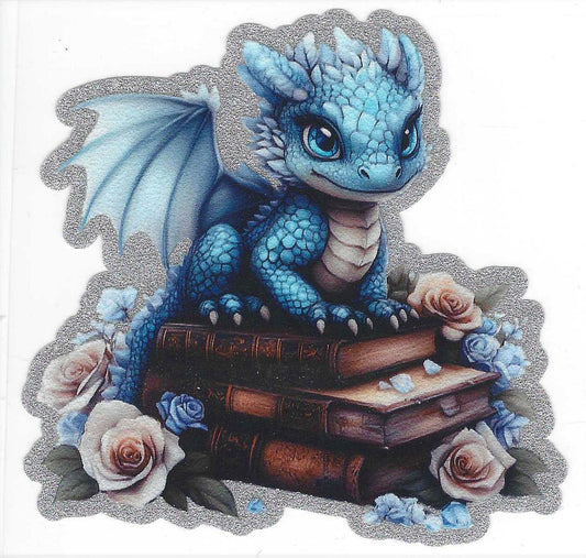 Blue Dragon w/ Books Glitter Decal