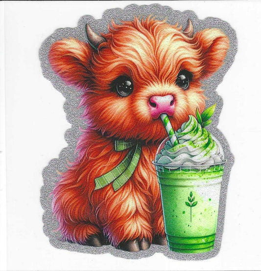 Green Drink Cow Glitter Decal