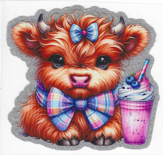 Cow w/ Bow & Pink Drink Glitter Decal