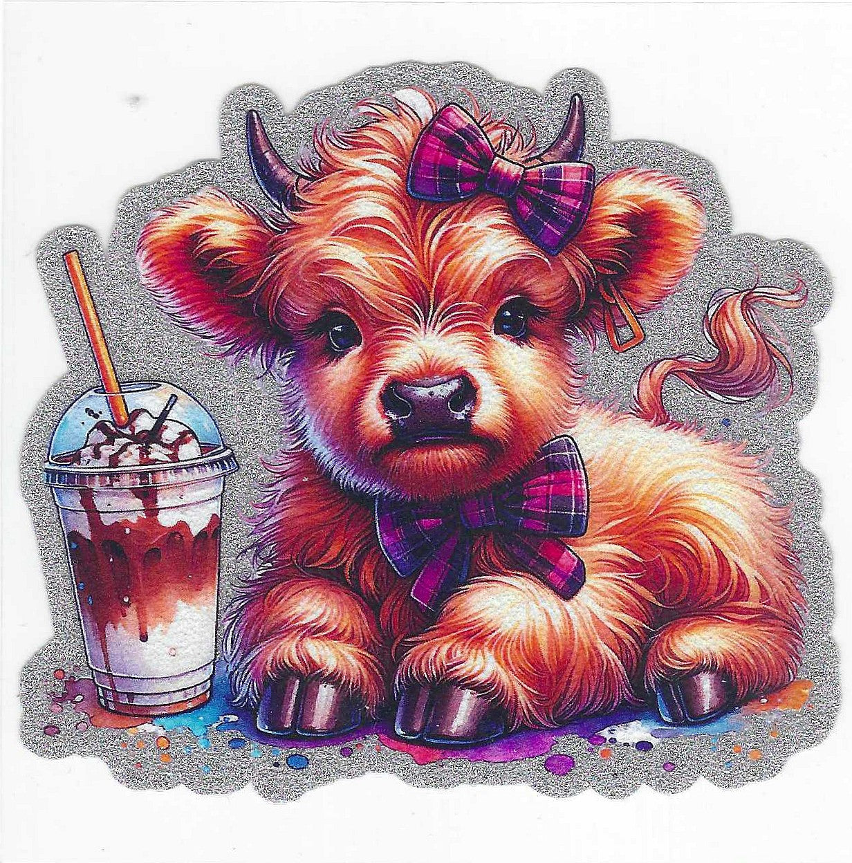 Cow w/ Pink Bow & Coffee Drink Glitter Decal