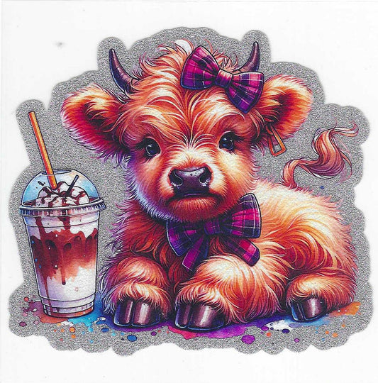 Cow w/ Pink Bow & Coffee Drink Glitter Decal