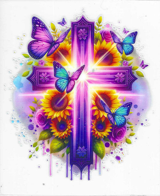 Purple Cross w/Flowers & Butterflies Decal