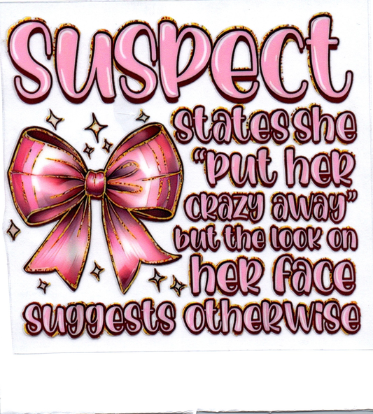 Suspect states she put her crazy away Sassy Decal 14A