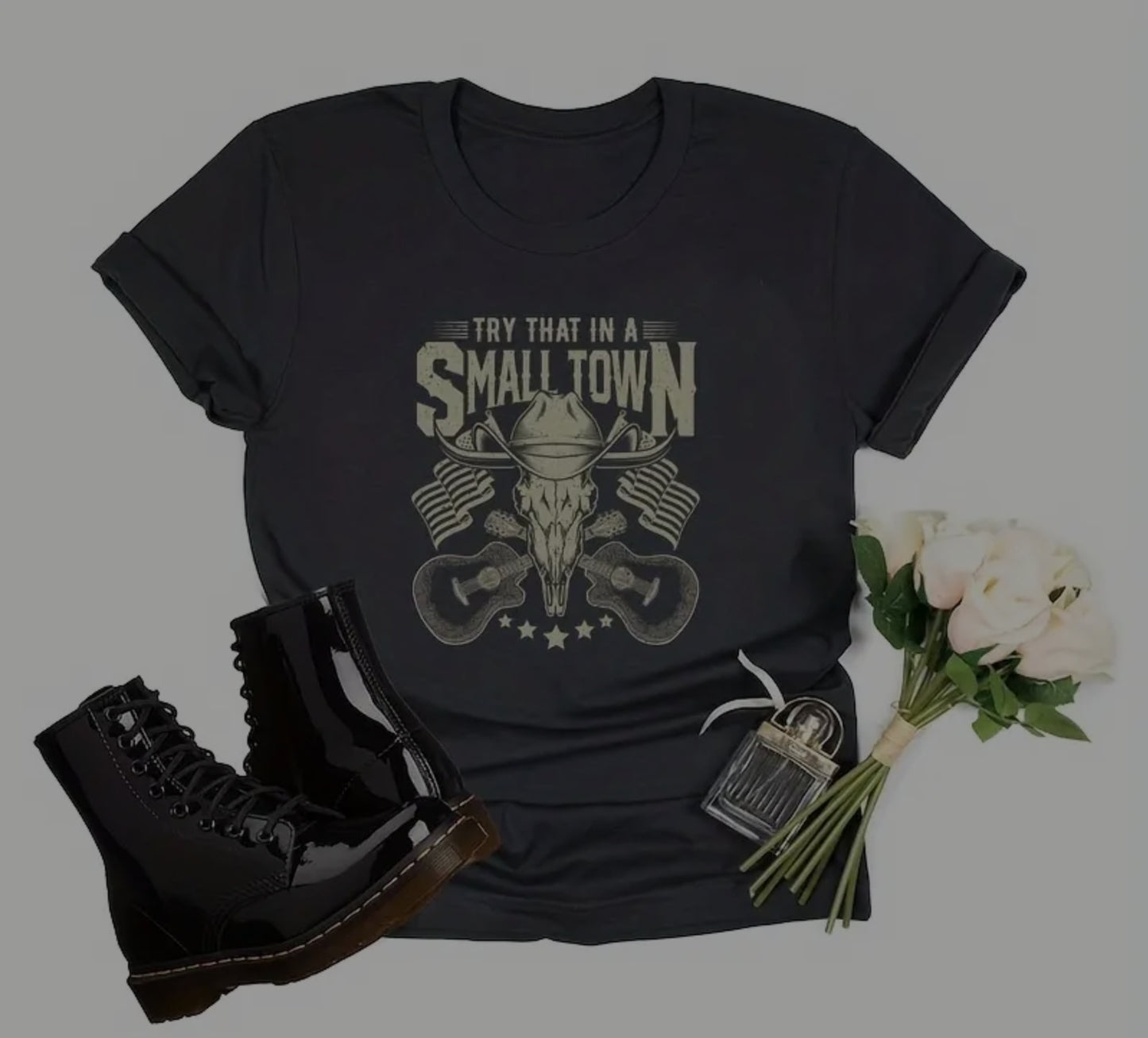 TRY THAT IN A SMALL TOWN COW SKULL T-SHIRT
