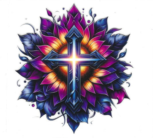 Cross w/ Purple,Pink,Yellow Flower Decal